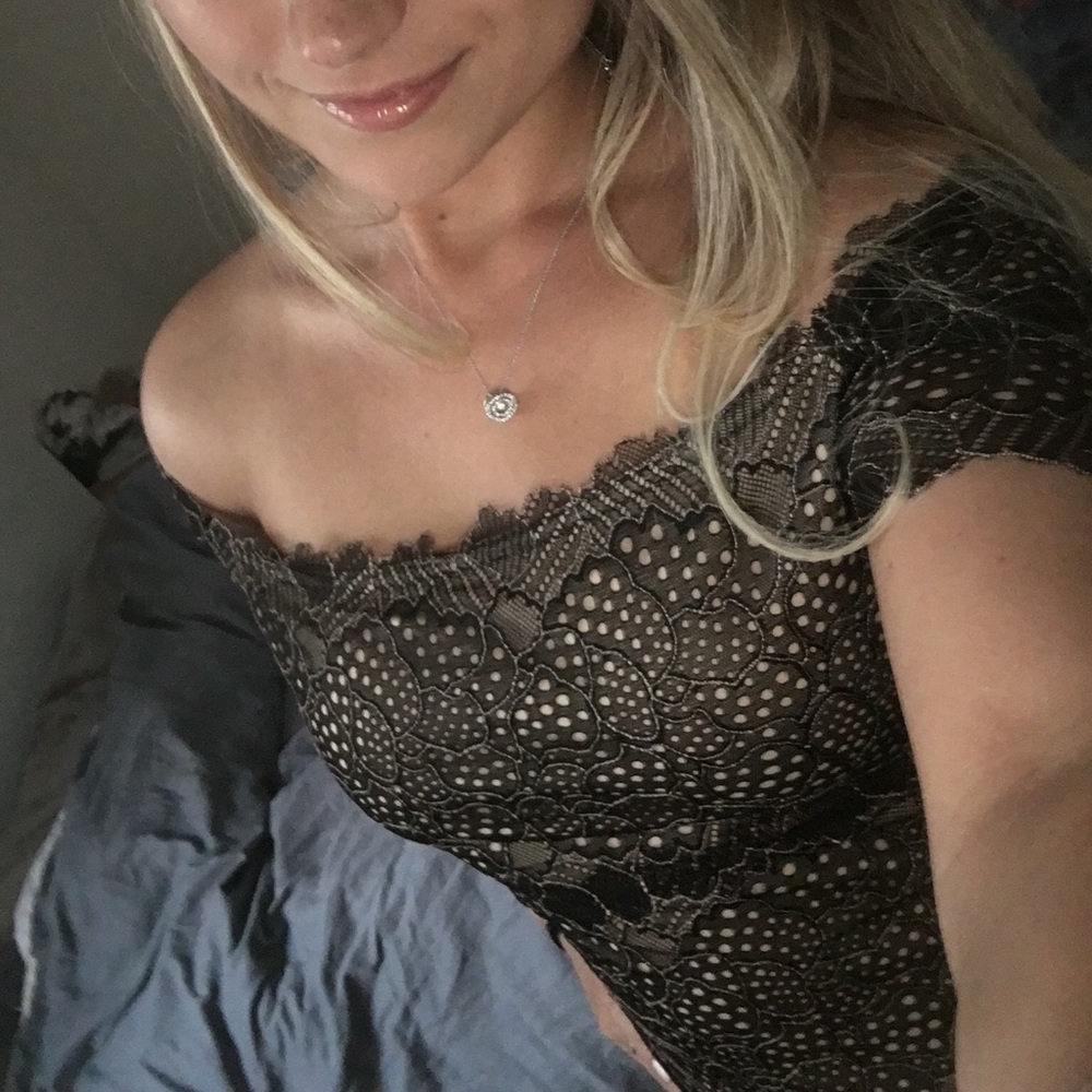 Off the shoulder nude with black lace dress